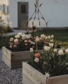 three wooden planters filled with white and pink flowers