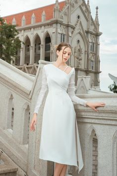 Dhotra Asymmetric Side Slit Chanel Midi Dress - MEAN BLVD Classic Chanel, Gowns Dresses Elegant, Korean Fashion Outfits, Chanel Design, Mean Blvd, Chanel Dress, Couture Wedding Gowns, Wedding Reception Dress, Silky Fabric