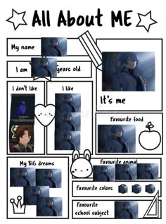 an all about me poster with pictures and text