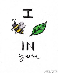 the words i love you are written in cursive writing with two bees and a green leaf