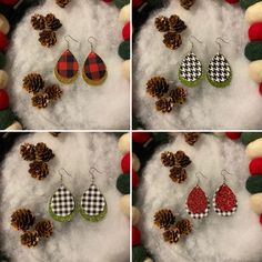 This listing is for a pair of Christmas earrings in six different styles. There are three faux leather earring styles and two types of tassel earrings. **SOLD** 1. Red plaid over gold glitter teardrops - drop length of about 2 3/4 inches  2. Black and white plaid over green glitter teardrops - drop length of about 2 3/4 inches 3. Black and white houndstooth over green glitter teardrops - drop length of about 2 3/4 inches 4. Red glitter over black and white plaid teardrops - drop length of about 2 3/4 inches 5. Red, White and green tassel earrings - drop length of about 3 inches 6. Green, gold yellow and cream tassel earrings - drop length of about 3 inches The weight of these earrings are very light, weighing about .1 oz *due to the nature of the material, no two earrings will look the sam Faux Leather Earring, Green Tassel Earrings, Earring Styles, Leather Earring, Glitter Earrings, Black And White Plaid, White Houndstooth, Green Glitter, Christmas Earrings