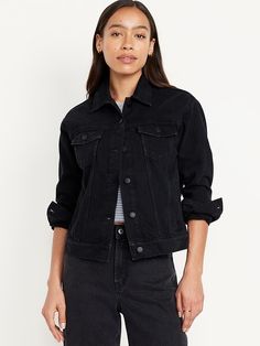 Classic Jean Jacket for Women | Old Navy Trendy Collared Denim Jacket With Flap Pockets, Classic Shacket With Buttoned Pockets, Classic Long Sleeve Shacket With Buttoned Pockets, Classic Long Sleeve Shacket With Button Closure, Black Outerwear With Buttoned Pockets, Trendy Long Sleeve Denim Jacket With Flap Pockets, Black Outerwear With Buttoned Pockets For Everyday, Everyday Black Outerwear With Buttoned Pockets, Classic Button-up Shacket With Buttoned Pockets