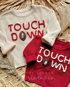 Ready, Set, HOW CUTE! These are perfect all football season long and can be customized for your favorite team's colors.  To place your order, please select the sweater size in the drop down. Then, continue to the personalization section to provide relevant information for your order. NOTE: These sweaters do run LARGE - order accordingly! **Some sweater colors are available in larger sizes, so please message me if interested in a size you don't see! **All designs also available in sweater rompers! Please send me a message to see all sweater romper colors & sizing to place order! These products are made to order and with the utmost love and diligence. Rest assured that this is my passion, and I will get your order created and in your hands as quickly as I can! Infant Sweater, Toddler Football, Sweater Colors, Romper Fall, Baby Clothes Country, Vinyl Shop, Sweater Romper, Thanksgiving Sweater, Christmas Tree Sweater