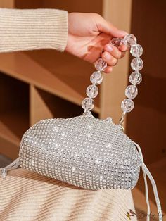 BirdinBag - Chic Beaded Handle Silver Clutch for Evening Party Beaded Handheld Evening Bag For Party, Silver Clutch Bag, Silver Clutch, Novelty Bags, Word Wrap, Evening Party, Bago, Evening Bags, Top Handle