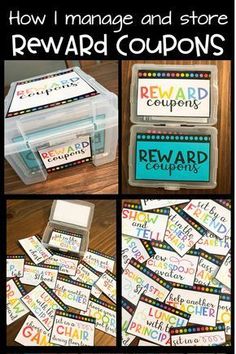 reward coupons with the words reward coupons on them and some other items in a box