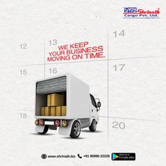 a white truck with boxes on the back is shown in this ad for cargo services