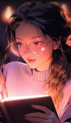 a girl with glasses reading a book in the dark