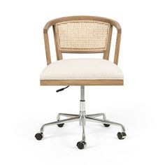 an office chair with wheels and a seat cushion on the back, in front of a white background