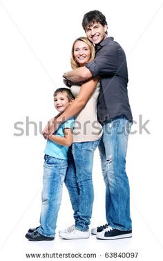 a man, woman and child are standing in front of a white background with their arms around each other