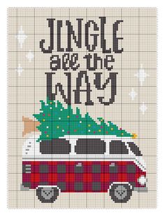 a cross stitch christmas card with an image of a van and a tree on top