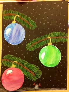 a child's drawing of christmas ornaments hanging from a tree