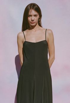 Ciao Lucia | Cristina Dress Matte Black Silk Slip Dress With Built-in Bra For Evening, Sleek Summer Slip Dress With Built-in Bra, Chic Midi-length Slip Dress With Built-in Bra, Satin Evening Dress With Built-in Bra, Summer Satin Maxi Dress With Straight Neckline, Spring Silk Slip Dress With Built-in Bra, Satin A-line Slip Dress For Night Out, Night Out Midi Slip Dress With Built-in Bra, Summer Maxi Dress With Straight Neckline And Bias Cut