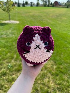 a hand holding up a small crocheted cat in the middle of a field