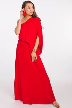 Slouchy 1 Sleeve Maxi, Red :: NEW ARRIVALS :: The Blue Door Boutique Chic Solid Color One Shoulder Maxi Dress, Chic Solid Color One-shoulder Maxi Dress, Chic One Shoulder Solid Maxi Dress, Solid Color One-shoulder Maxi Dress For Spring, Solid One-shoulder Maxi Dress For Spring, Spring One Shoulder Solid Maxi Dress, Red Strapless Stretch Maxi Dress, Chic Red Maxi Dress With Asymmetrical Neckline, Red One-shoulder Maxi Dress For Spring