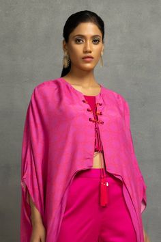 Pink front open kaftan top with string tassels in cotton silk base. Paired with a spaghetti inner top and matching pant. - Aza Fashions Summer Festive Palazzo Set With Tassels, Spring Festive Kaftan With Tassels, Long Sleeve Sets With Tassels For Navratri, Festival Palazzo Set With Tassels, Summer Palazzo Set With Tassels, Open Kaftan, Pant Set For Women, Top Pants Set, Fashion App