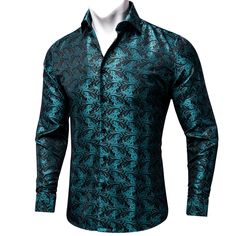 Green Slim Fit Button-up Shirt, Green Long Sleeve Business Shirt, Business Green Long Sleeve Shirt, Fitted Dress Shirt For Spring Party, Business Long Sleeve Green Shirt, Fitted Shirt With Spread Collar For Party, Green Fitted Shirt With Casual Collar, Formal Long Sleeve Paisley Print Shirt, Elegant Long Sleeve Shirt With Paisley Print