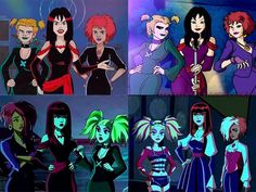 the animated characters are all dressed up in different outfits and hair colors, with one woman standing