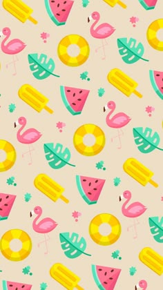 a pattern with flamingos, watermelon and other items