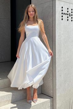 Chic and elegant midi length dress with wide straps in (Milk). The neckline decorated with rhinestones makes the dress really special. Will fit nicely to every body shape. Invisible Zip Fastener. White Dress Classy, Confirmation Dresses, Elegant White Dress, Modern Dress, Midi Length Dress, Sleeveless Maxi Dress, Elegant Dress