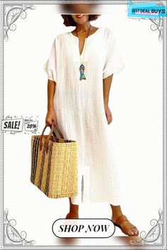 Women's Solid Cotton Casual Loose Dress Summer Shift Maxi Dress, Casual Shift Dresses For The Beach, Long Midi Dress For Summer Beach Cover-up, Casual Summer Shift Maxi Dress, Casual Shift Maxi Dress For Summer, Casual Longline Midi Dress For Summer, Elegant Midi Dress For Daywear And Beach Season, Elegant Midi Dress For Beach Season Daywear, Elegant Longline Beach Dresses