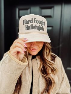 HARD FOUGHT HALLELUJAH Tan Trucker Hat OTTO brand * High Crown Mesh Back Polyester Foam Front Black Puff Ink I'll bring my hard fought, heartfelt, been through hell hallelujah Any other Brandon Lake fans in here? Guys. This song brought me to my KNEES!! Talk about a testimony. Whew!  OR  Excuse me, you look like you love me Soft Pink Trucker Hat OTTO brand * High Crown Mesh Back Polyester Foam Front Red Puff Ink Hallelujah Tattoo, Lake Clothes, Brandon Lake, Grace Clothing, Vinyl Shirt Ideas, Funny Trucker Hat, Funny Lines, Jesus Gifts, Walk In Love