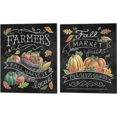 two chalkboard signs with fruit and vegetables painted on the side of each sign, one has