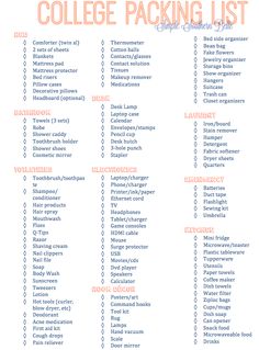 the college packing list is shown in orange and blue