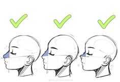 how to draw the head and shoulders in different ways, with green ticks on each side