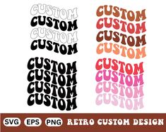 three different styles of custom cutouts with the word custom on each side and two different font