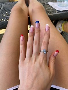 4th Of July French Tip Nails Square, Summer Nail Ideas 4th Of July, July Nail Inspiration, Short Square Fourth Of July Nails, Red White And Blue Nails Coffin, Diy Gel Nails At Home 4th Of July, Red White And Blue Nails Square, America Nails Simple, Red French Tip Nails Fourth Of July