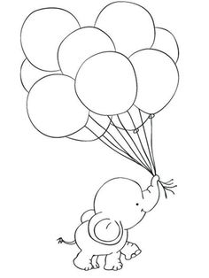 a baby elephant flying with balloons in the air