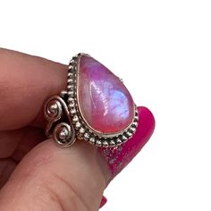 Gorgeous! This is a really stunning setting with the best Pink Rainbow Moonstones available! Handcrafted Solid 925 Sterling Silver genuine gemstones. Gift boxed Unique Iridescent Moonstone Ring For Gift, Mystical Cabochon Moonstone Ring Gift, Mystical Sterling Silver Opal Ring As Gift, Mystical Sterling Silver Opal Ring For Gift, Birthday Inspo, Pink Rainbow, Moon Stone, Rainbow Moonstone, Rings Statement