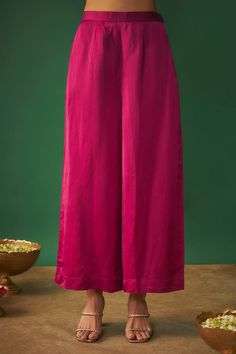 Magenta pink asymmetric kurta with mirror, thread, cutdana embroidery. Paired with flared pant. - Aza Fashions Cutdana Embroidery, Asymmetric Kurta, Embroidery Mirror, Linen Embroidery, Magenta Pink, Pants Pattern, Pant Set, Mandarin Collar, Set For Women