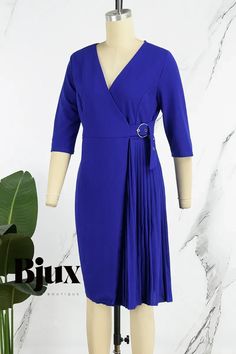 Bjux - Elegant Royal Blue A-Line Dresses with Folded V-Neck and Sophisticated Patchwork Blue V-neck Dress For Work, Blue V-neck Midi Dress For Work, Folded Patchwork, A Line Dresses, Patchwork Designs, Olivia Mark, A Line Dress, Royal Blue, A Line