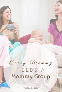 two women and a baby sitting on a bed with the words every mom my needs a mommy group