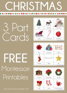 three christmas cards with the words 3 part cards and free montessori printables