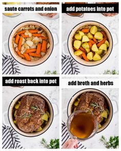 four pictures showing how to make pot roast with potatoes and carrots