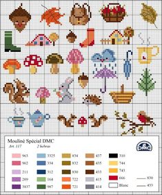 the cross stitch pattern for this project shows different types of animals and plants, including mushrooms