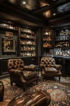 a room with two leather chairs in front of a wall full of bottles and liquor