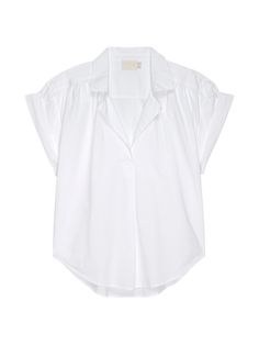 The summer essential you'll save for spring. An effortless (buttonless) blouse with an easy open collar, cuffed cap sleeves, and classic shirttail you can half-tuck, fully-tuck, whatever you want. (This one comes in Optic White.) | Women's Elliot Blouse Top in Optic White | Ethical Essentials Chic Everyday Shirt With Collared Neckline, Classic Everyday Spring Tops, Summer Tops With Placket And Shirttail Hem, Summer Top With Placket And Shirttail Hem, Classic Spring Top With Relaxed Fit, Chic Everyday Blouse With Collared Neckline, Classic Relaxed Fit Top For Spring, Classic Summer Shirt For Daywear, Chic Summer Tops With Placket