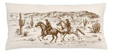 a drawing of two men riding horses in the desert with cacti behind them