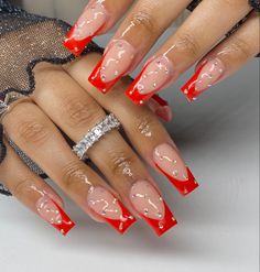 Red French With Diamonds, Red French Tip Nails Design, Red French Tip With Gold, Christmas Nail Designs Easy, Horror Nails, Pedi Ideas, French Tip Nail Designs