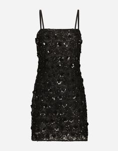 Short dress with sequin embellishment: Black Straight neckline with satin straps Tulle lining Rear zipper and hook-and-eye fastening The piece measures 62.4 cm from the center back on a size IT 40 The model is 175 cm tall and wears a size IT 40 Made in Italy