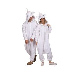 man and woman in unicorn onesuits standing next to each other on white background