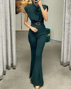 Lasaky - Cowl Neck Slit Wide Leg Jumpsuit Black Jumpsuit Outfit, Olive Green Jumpsuit, Bodycon Dress Casual, Turtleneck Sleeveless, Flare Jumpsuit, Jumpsuit Outfit, Green Jumpsuit, Fashion Runway, Romper Outfit