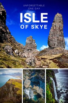 the isle of skye is surrounded by rocks and water, with text overlaying it