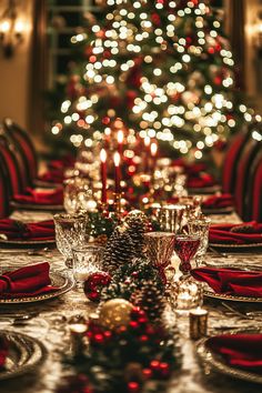 Luxurious Christmas dining table set in maximalist style. Set a stunning table for the holidays! This maximalist Christmas dining decor is overflowing with rich textures, sparkling details, and a warm, inviting atmosphere. Perfect for those who love opulent, festive decor. #HolidayTableSetting #ChristmasDining #MaximalistDecor #FestiveTable #ChristmasInspo Christmas Diner Decor Ideas, Modern Luxury Christmas Decor, Christmas Dinner Party Aesthetic, Christmas Aesthetic Dinner, Christmas Dinner Aesthetic, Maximalist Christmas, Christmas Dining Decor, Christmas Hotel, Classy Christmas Party