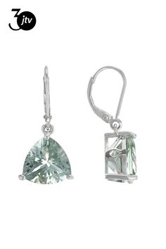 8.84ctw Trillion Green Prasiolite Rhodium Over Sterling Silver Solitaire Earrings. Measure approximately 1.12"L x .54"W. Leverback closure. Trillion Cut Formal Earrings, Gia Certified Sterling Silver Dangle Jewelry, Gia Certified Pear-shaped Sterling Silver Earrings, Gia Certified Sterling Silver Teardrop Earrings, Gia Certified Teardrop Sterling Silver Earrings, Solitaire Earrings, Silver Earrings, Sterling Silver, Silver