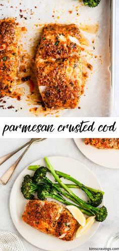 two photos with broccoli and parmesan crusted chicken