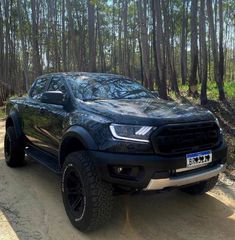 a black truck is parked in the woods